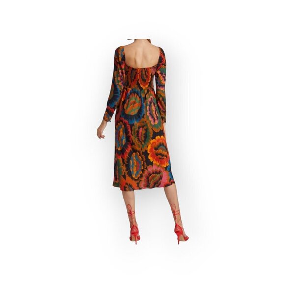 Farm Rio Floral Crepe Midi Dress Smocked Back Square Neck Viscose Size S - Picture 4 of 16